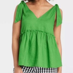Who What Wear Kelly Green Linen Blend Babydoll Blouse Size Small